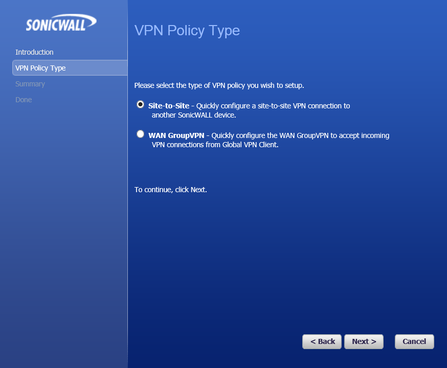 sonicwall setup site to site vpn configuration
