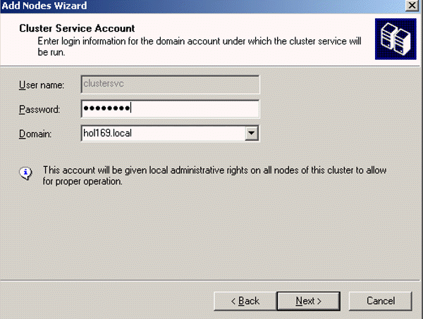 Cluster service account. Server 2003 Cluster Administrator changed admin. Server 2003 Cluster Administrator changed Qourum.